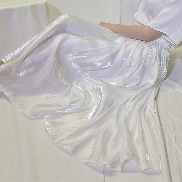 Шелковый атласный юбка длинная женщина повседневная женская юбка плиссированный корейский стиль шифон пляж лето юбки женские с эластичной талией 210310