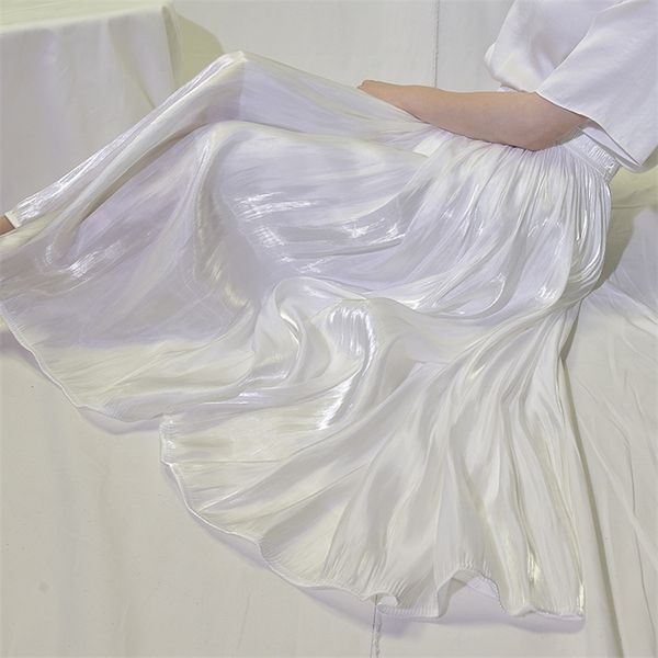 

silk satin skirt long woman casual women skirt pleated korean style chiffon beach summer skirts womens with elastic waist 210310, Black