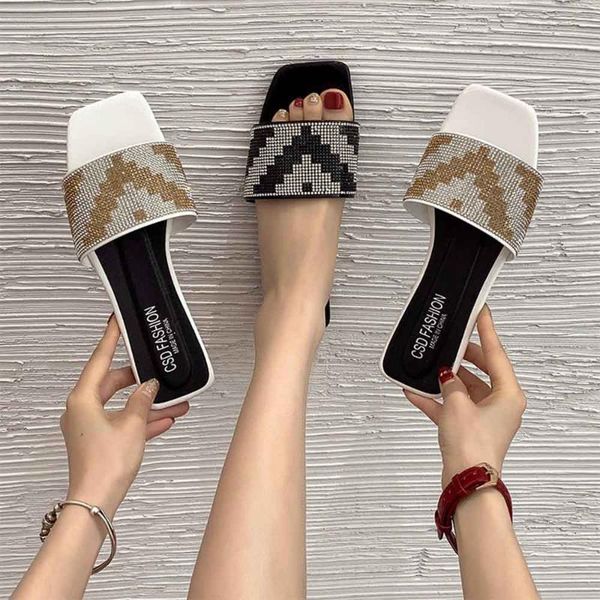 

slippers women flat ladies square toe bling diamond 2021 summer fashion luxury casual soft sandals outdoor shoes flip-flops, Black