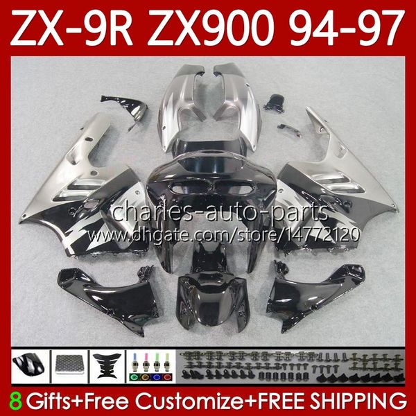 Kawasaki Ninja ZX-9R için Aireler Seti 9R 9 R 900 CC ZX9 R ZX9R 94 95 96 97 Karoser 100NO.86 ZX900 900CC ZX-900 1994 1995 1996 1997 ZX900C 94-97 OEM Moto Vücut Siyah Gümüş