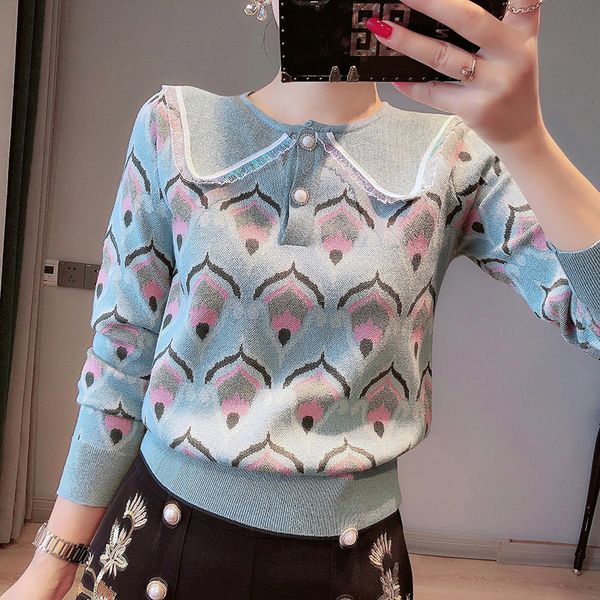 

women's sweaters fall for contrast color geometric jacquard knitted sweater pullover peter pan collar cute jumpers unk7, White;black