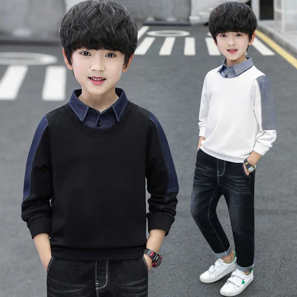 

boys' sweater autumn and winter children's warm long-sleeved t-shirt, boy plus velvet fake two-piece bottoming shirt g0917, Black