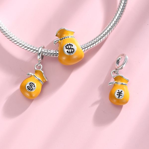 

2021 new 925 sterling silver symbol of wealth money bag orange enamel round charm fits for original bracelet bangle making diy q0531, Black