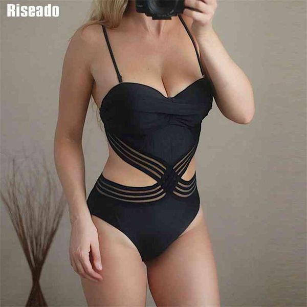 Riseado сексуальный сетчатый купальник монокини пуш-ап купальники женский черный купальный костюм с рюшами купальные костюмы 210611