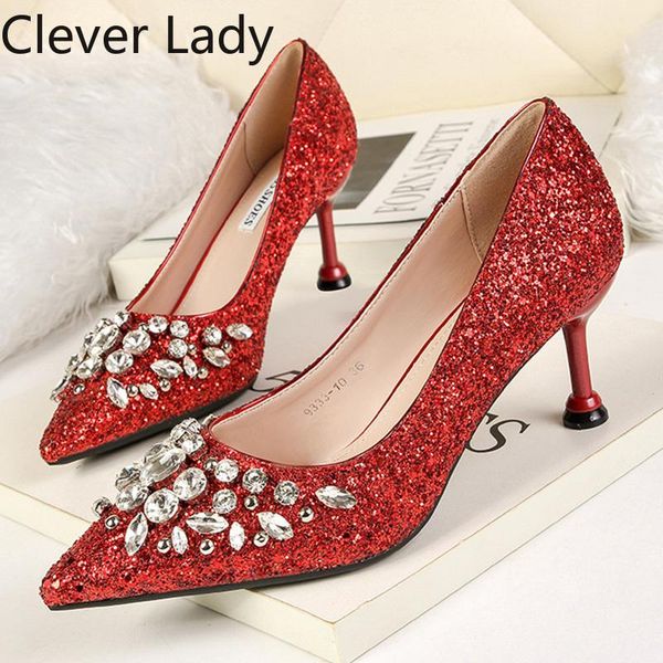

dress shoes clever lady 2021 red kitten heels rhinestone women pumps sequins high gold silver wedding slingback heel, Black