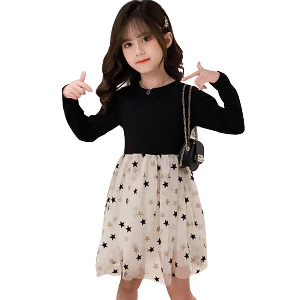 Meninas vestido primavera princesa vestido para menina estrela padrão crianças meninas mes filho vestido adolescente meninas roupas 210303