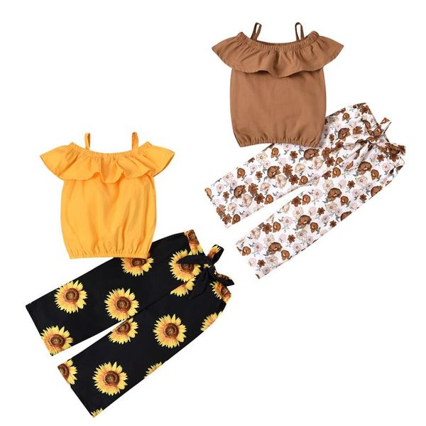 

emmababy 2021 summer 9m-4y baby girl 2pcs set off shoulder ruffled flared short sleeve bow floral print pants clothes, White