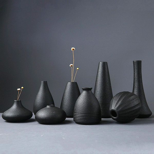 Heißer Verkauf Neue Moderne Schwarze Keramik Blumenarrangement Kleine Vase Dekoration Kleine Vase Tabletop Ornament Handwerk 210310