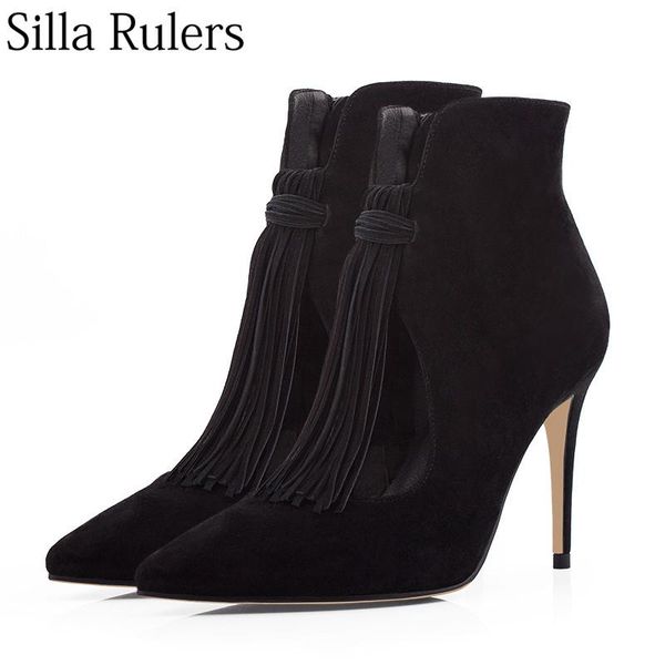 

boots silla rulers kid suede leather fringe ankle women hollow out pointed toe high heels pumps shallow, Black