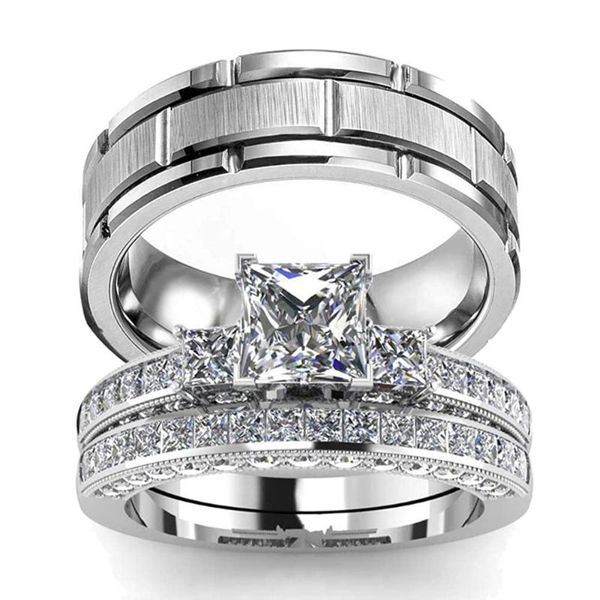 Anéis de casamento Casal Mulheres Clássico Quadrado Zircão Anel de Noivado Conjunto Mens 8mm Aço Inoxidável Cor Prata Sulco Corte