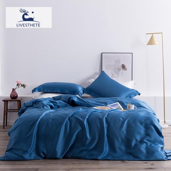

liv-esthete noble blue luxury 100% silk bedding set soft beauty sleep quilt cover set double quuen king flat sheet pillowcase