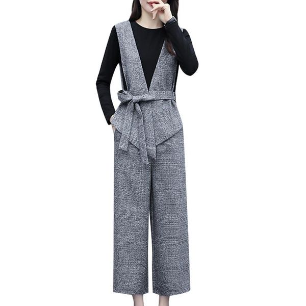 

women's two piece pants fashion two-piece suit 2021 autumn wide-legged three-piece clothing set office outfit belt vest shirt lady, White
