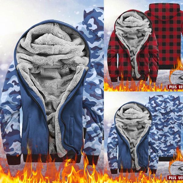 

men's jackets winter vintage thick outerwear leisure printed hooded plush jacket plus fleece bomber trench coat, Black;brown
