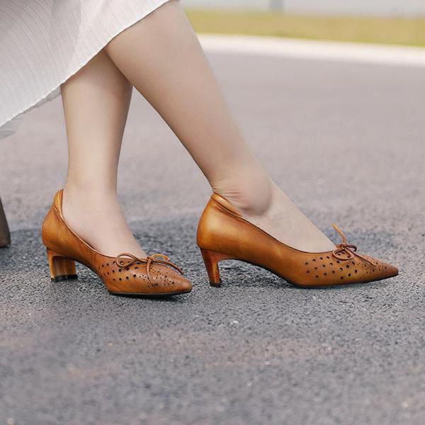 

dress shoes johnature genuine leather high heels women retro spring 2021 pointed toe casual butterfly-knot pumps ladies, Black