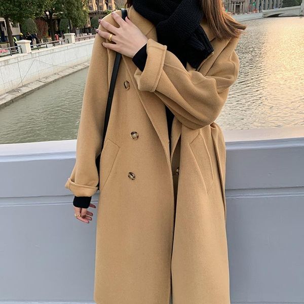 

women's wool & blends 2021 small milk tea color woollen coat advanced sense hepburn camel women autumn and winter, Black