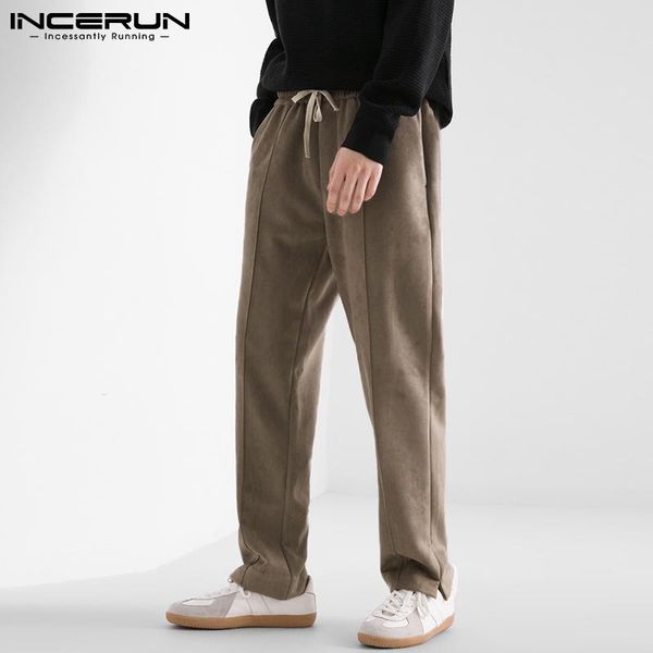 

men's pants korean style men drawstring stylish suit suede lace-up elastic waist incerun loose solid comeforable simple trousers s-5xl, Black