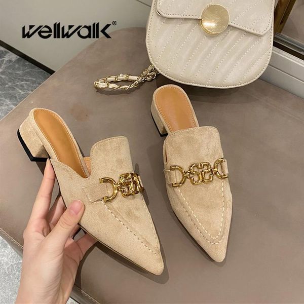 

slippers designer mule women low heel shoes pointed toe female spring summer slides buckle chain shoe woman sliders, Black