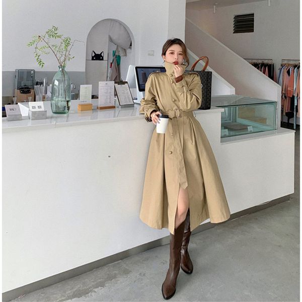 

plus size loose warm wool blends long winter coat turn-down collar adjustable belt wool coats women office work wear elegant, Tan;black