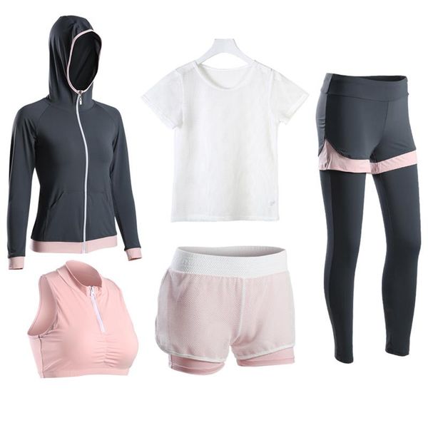 

new women yoga set fitness sportswear quick dry jacket+sports bra+shirt+shorts+leggings 5 piece breathable running gym clothing, White;red
