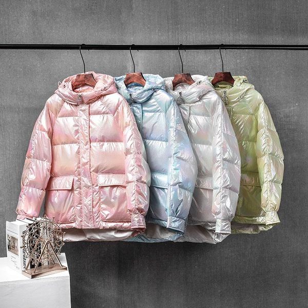 

colorful bright face down jacket for women 2021 new autumn winter women clothes loose long sleeve white duck down hooded coats, Black