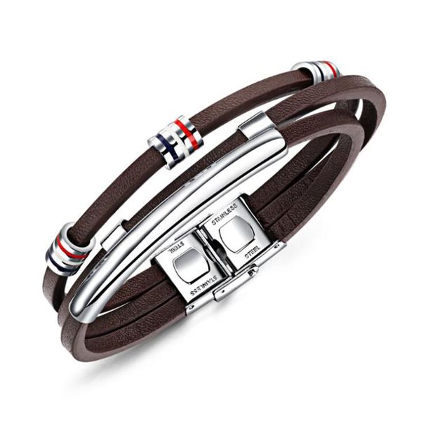 

link, chain stainless steel brown leather weave woven men punk rock multilayer bracelet bangle jewelry gift for him, Black