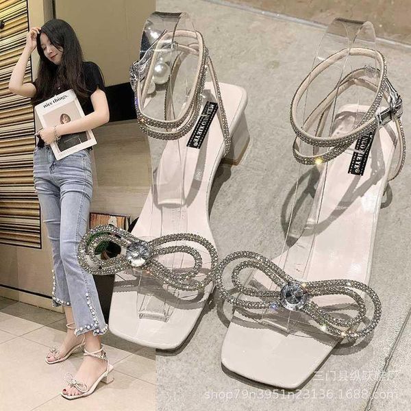 

sandals 2021 fairy women's high-heeled button strap thin heel diamond french crystal princess shoes, Black