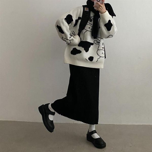 

cute sweet casual cow women sweater print knitted winter o neck loose lazy vintage femme korean pullover jumper, White;black