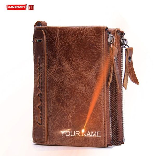 

men's wallet genuine leather short clutch bag fashion card holder coin purses male double zipper wallets crazy horse leather men, Red;black