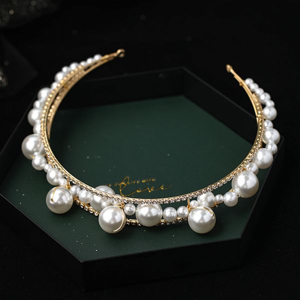 

new wedding pearl headband hair accessories rhinestone handmade headdress ladies prom headband bride tiara hair jewelrydio chan contact, Golden;white