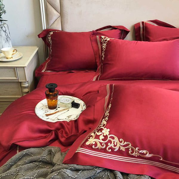 

style 60 thread lanjing tiansi embroidery four piece set red ice silk set summer 1.8m bedding