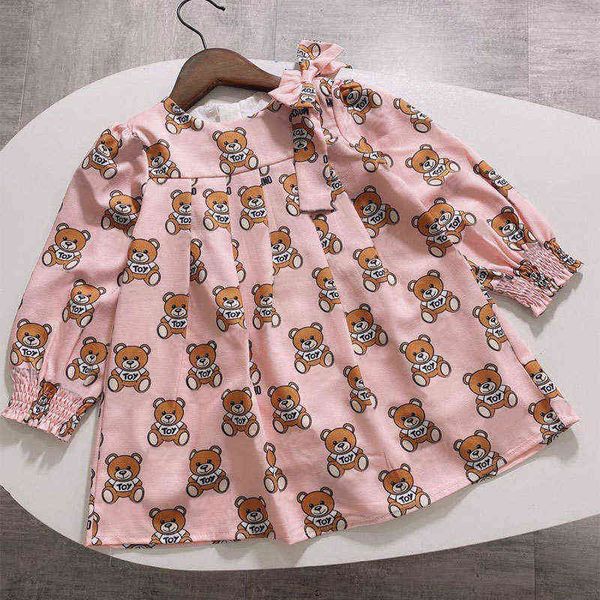 Nova Moda de Verão Cartoon Carta Estilo Crianças Roupas de Menina Roupas de Manga Longa Bear Imprimir Vestido Bebé Princesa Vestido 2-8 Anos G1129