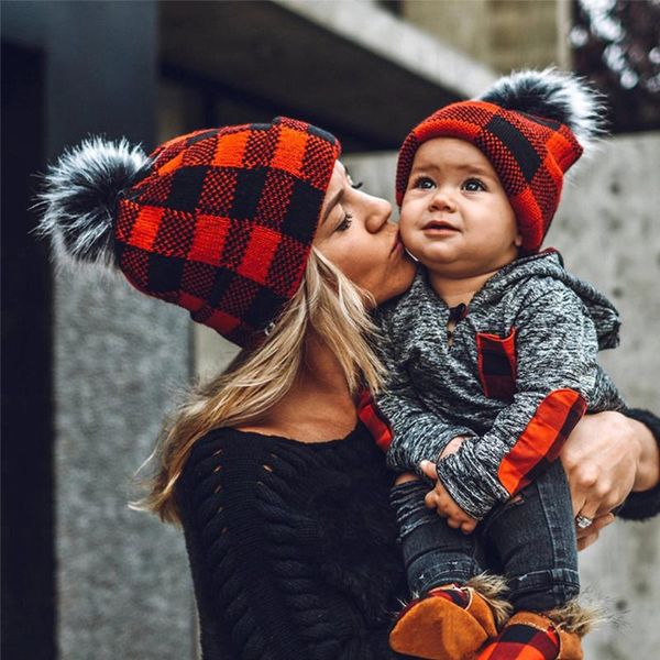 

beanies christmas mother kids baby hat pom knitted winter children hats parent-child beanie cap infant bonnet accessories