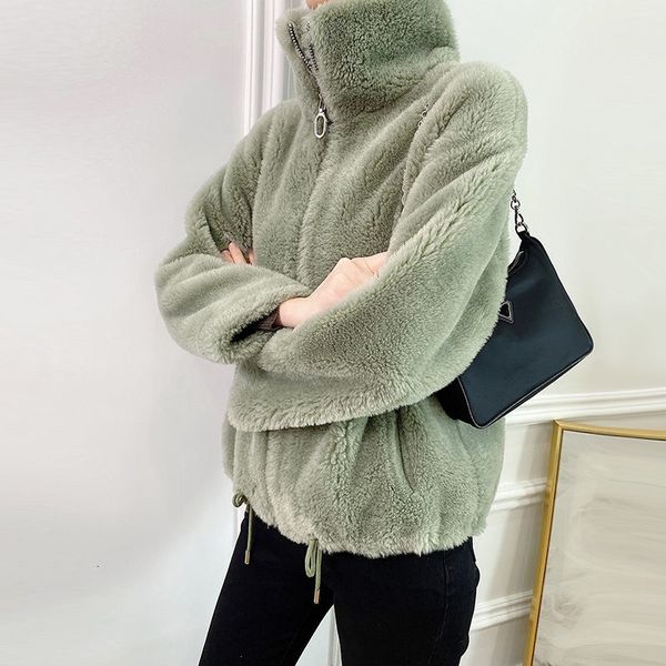 

2021 women's winter clothes lady wool high collar short jacket real fur coat genuine woman parkas l70 f1cb, Black