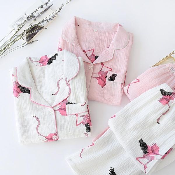 

women 100% cotton long sleeve pants pajamas flamingo printing pijamas 2 piece suit loungewear thin crepe fabric home sleepwear, Black;red
