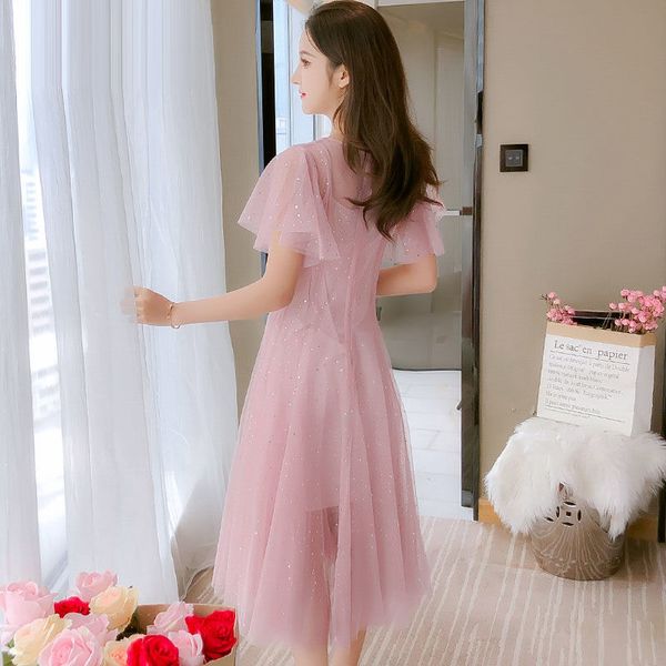 

summer elegant party shiny lace sequined dress women pink short sleeve mesh bling midi dresses female vestidos, Black;gray