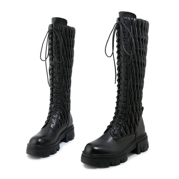 

boots punk women genuine leather knee high female motorcycle night club shoes woman platform chunky heels, Black