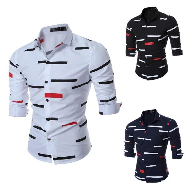

men's casual shirts slim fit long sleeve lapel cardigan shirt geometric printcloth men clothing dress blouse camisas, White;black