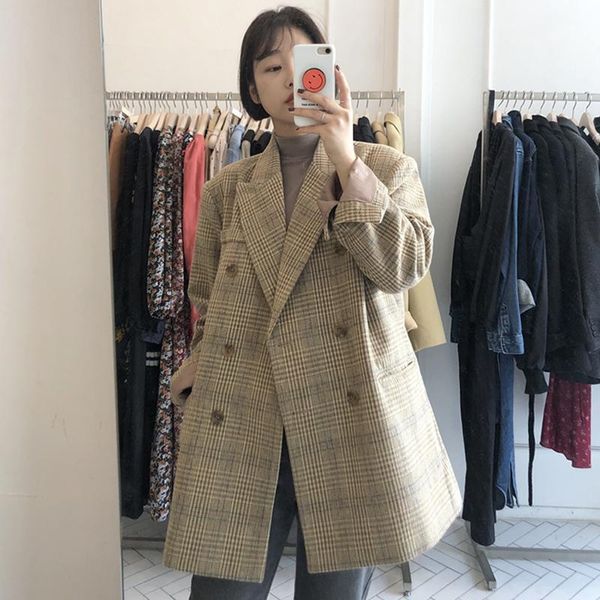 

women's wool & blends 2021 autumn and winter retro classic plaid lapel double-breasted loose long-sleeved cardigan woolen blazer women, Black