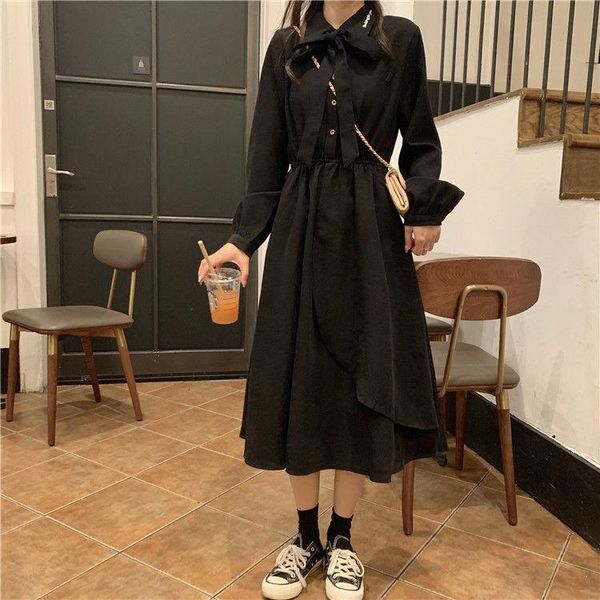 

casual dresses women 2021 spring autumn long sleeve dress female bow knot sweet all-match a-line daily vintage vestidos e651, Black;gray