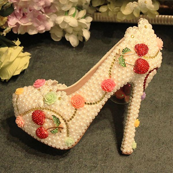 

dress shoes womens wedding white pearl flowers crystal decor pumps round toe bride princess high heels female rhinestone, Black