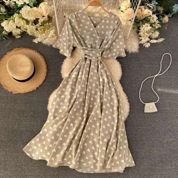 

print elegant a line vestidos womens dresses v neck high waist fashion korean vintage short sleeve summer dress women, Black;gray