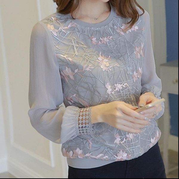 

women long sleeve shirt women new floral embroidery o neck lace chiffon blouses blusa ladies casual shirt df2289, White