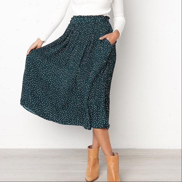 

spring summer skirt polka dot print skirts womens casual fashion wild elastic waist bottoms pockets pleated faldas mujer moda, Black