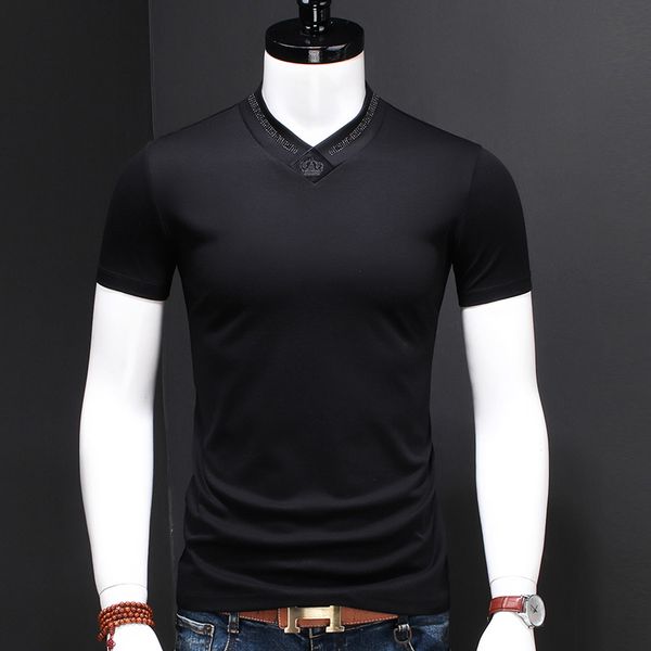 

men's t-shirts fashion clothing embroidery rhinestones t-shirt men white v-neck short sleeve t shirt oversized mercerized cotton t, White;black