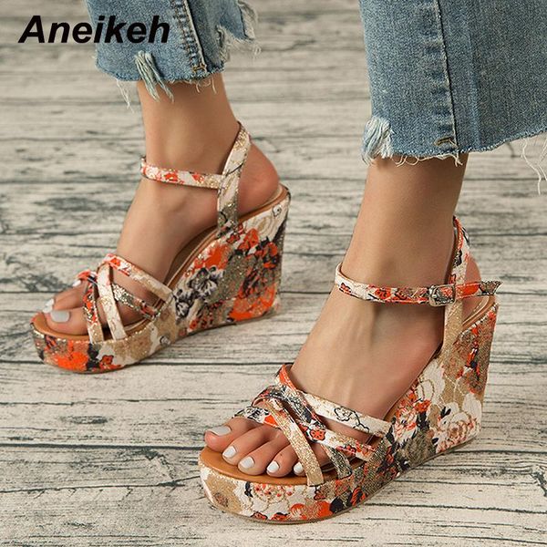 

sandals aneikeh 2021 summer women's fashion round head pattern wearing wedge-shaped thick soled button party shoes 43, Black