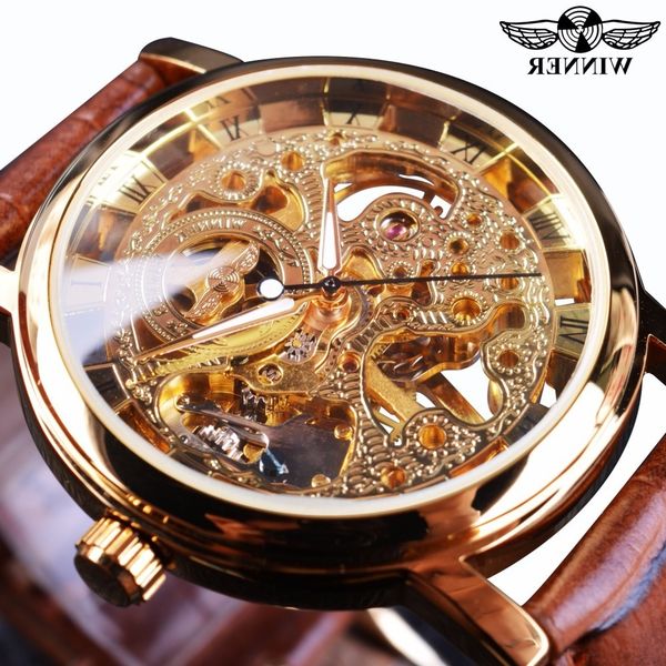 

winner men's double-sided hollow thin manual mechanical watch gold shell brown belt style hair, Slivery;brown