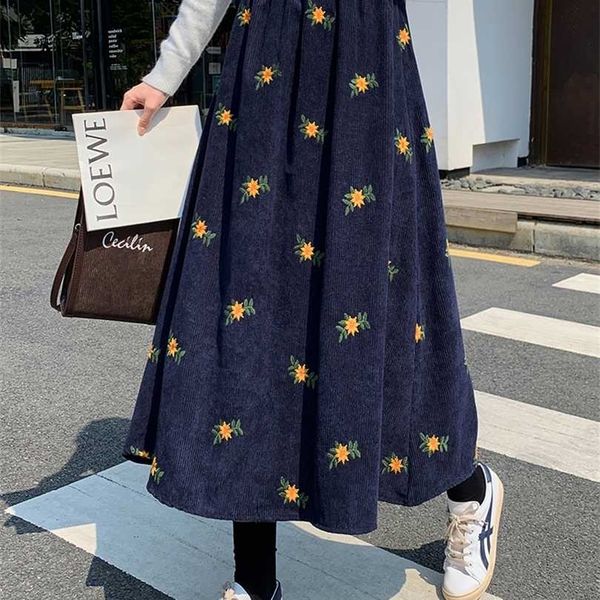

surmiitro corduroy midi long skirt women autumn winter korean floral embroidery mid-length high waist a line female 211214, Black