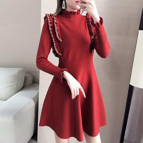 

casual dresses vintage knitted dress women long sleeve turtleneck sweaters 2021 autumn winter ruffles a-line mini vestidos, Black;gray