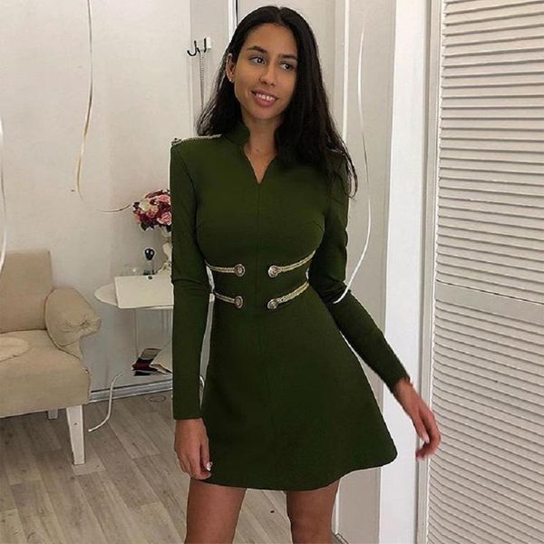 

casual dresses fashion black green wine red olive bandage derss arrival long sleeve bodycon v neck winter party vestidos wholesale, Black;gray