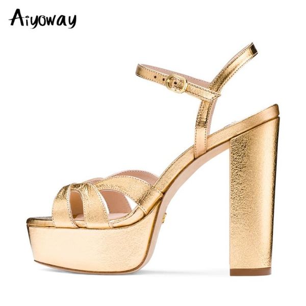 

sandals aiyoway gold platform woman summer chunky high heel fashion fish mouth buckle brand handmade party wedding shoes, Black